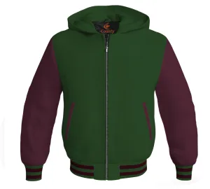 Hoodie Jackets Forest Green Body and Maroon Leather Sleeves Bomber Jacket