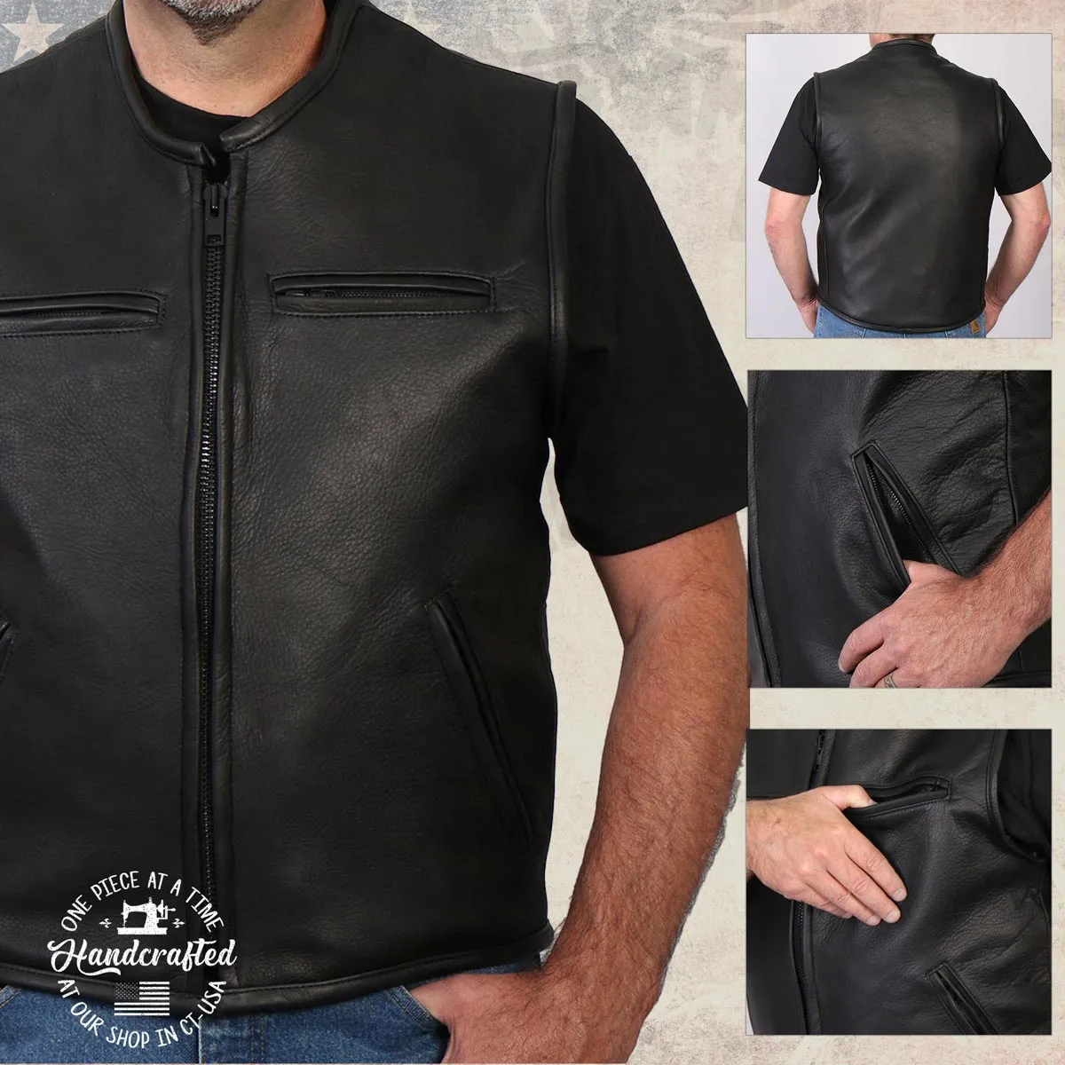 Hot Leathers VSM5001 USA Made Men's 'Steerhide' Black Premium Leather Club Style Vest