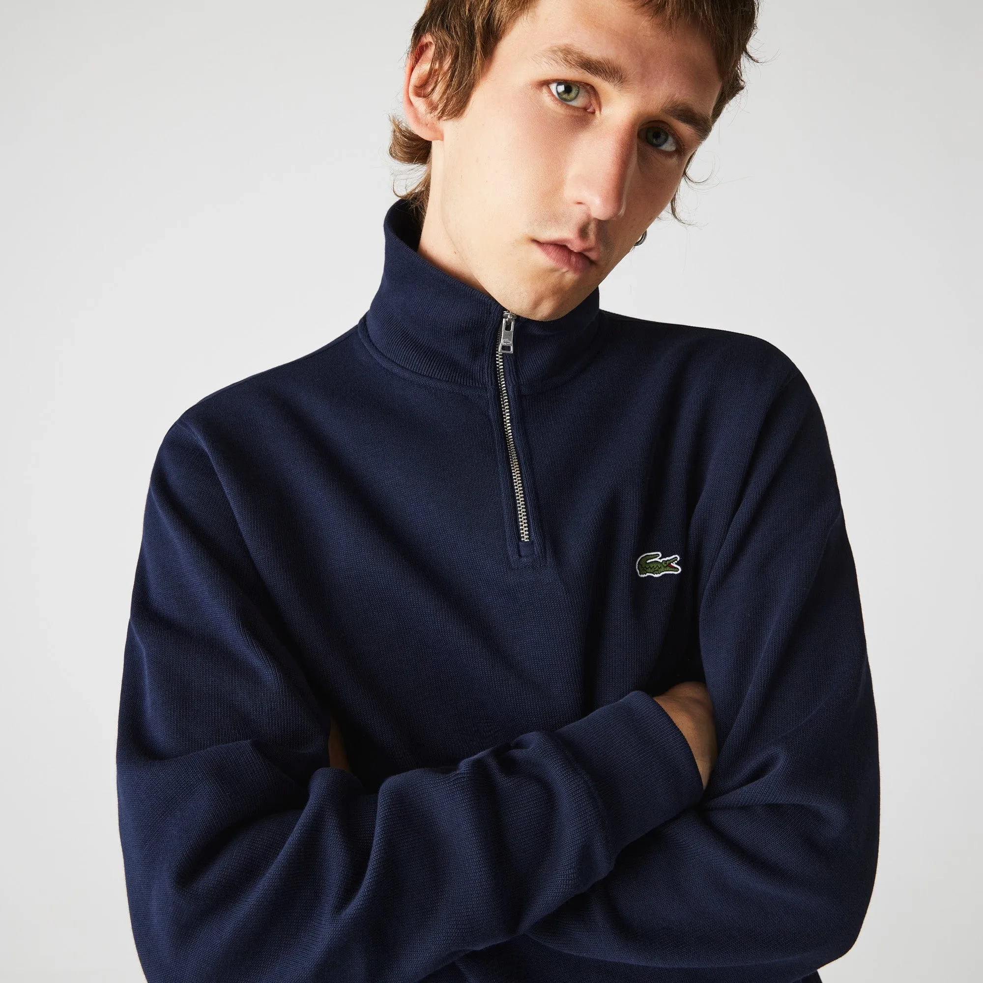 Lacoste Zippered Stand-Up Collar Cotton Sweatshirt in Navy