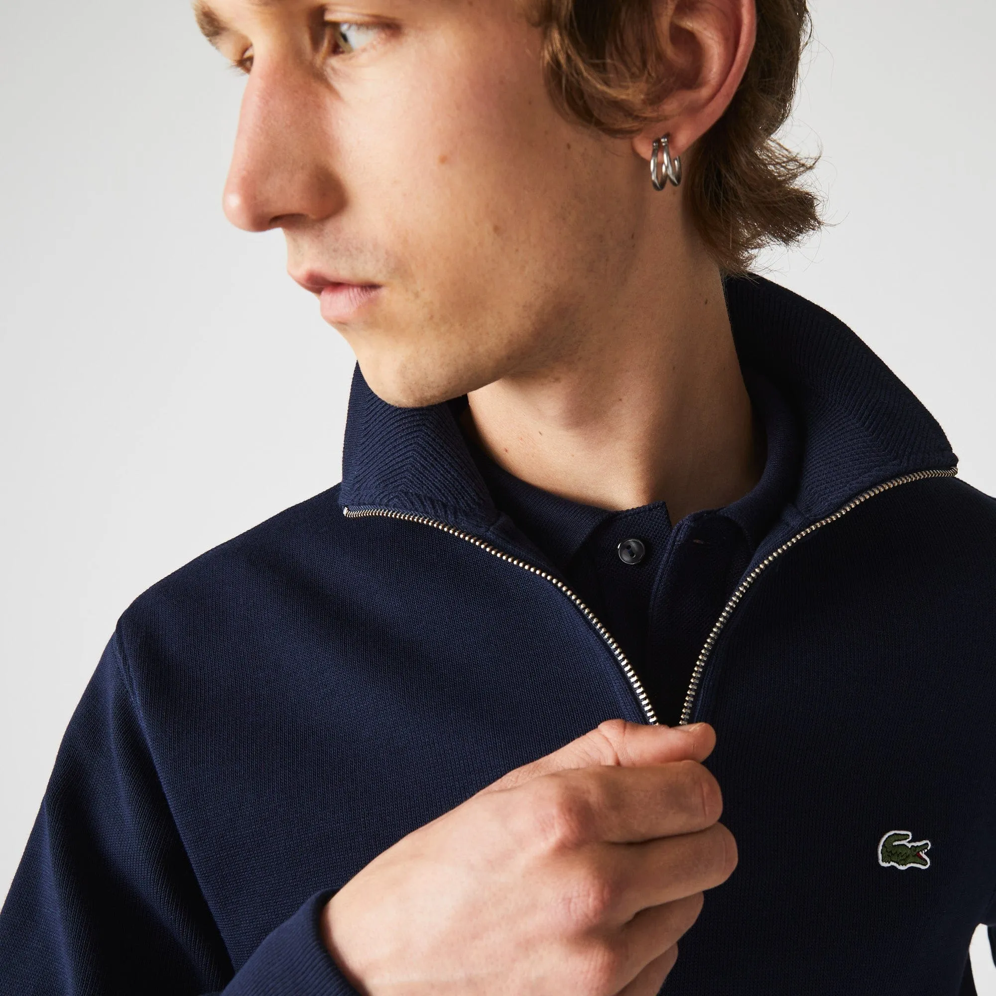 Lacoste Zippered Stand-Up Collar Cotton Sweatshirt in Navy