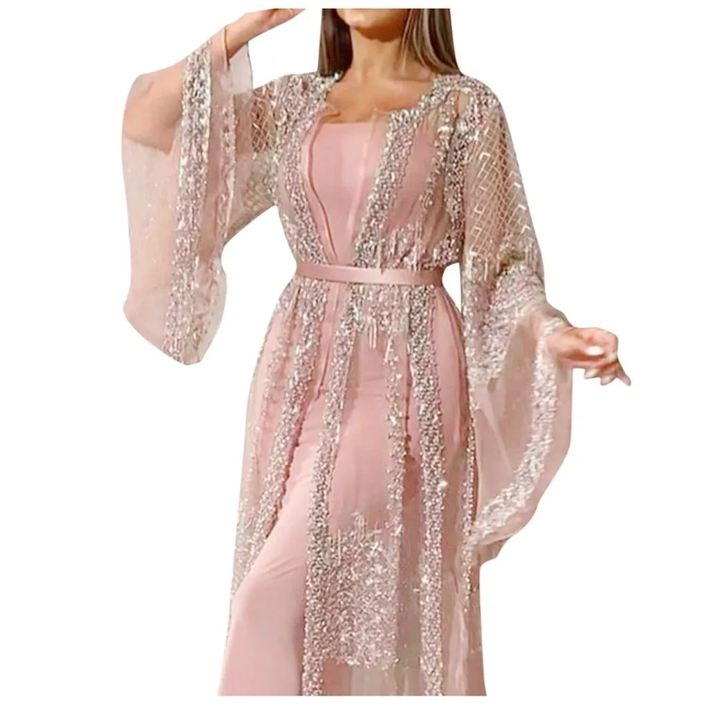 Ladies Sexy Wedding Long Party Dress Elegant Gorgeous Shiny Women Evening Dress Fashion Stitching Flare Sleeve Slit Maxi Dresses 2XL B-45706