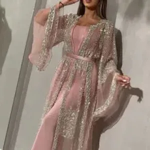 Ladies Sexy Wedding Long Party Dress Elegant Gorgeous Shiny Women Evening Dress Fashion Stitching Flare Sleeve Slit Maxi Dresses 2XL B-45706