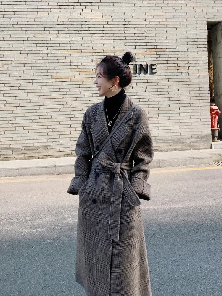 Light Mature Style Plaid Mid-Length Woolen Women's Coat