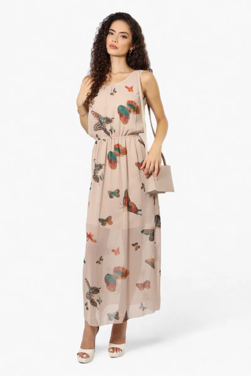 Limite Butterfly Pattern Sleeveless Tank Maxi Dress - Taupe