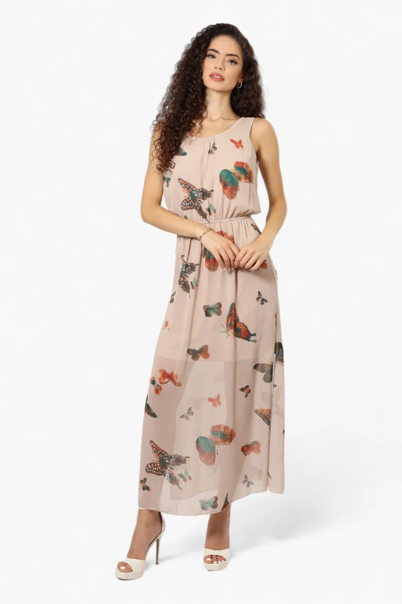 Limite Butterfly Pattern Sleeveless Tank Maxi Dress - Taupe