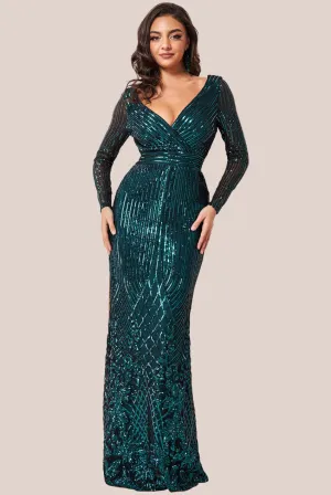 Long Sleeve Sequin V Wrap Maxi Dress - Emerald Green by Goddiva