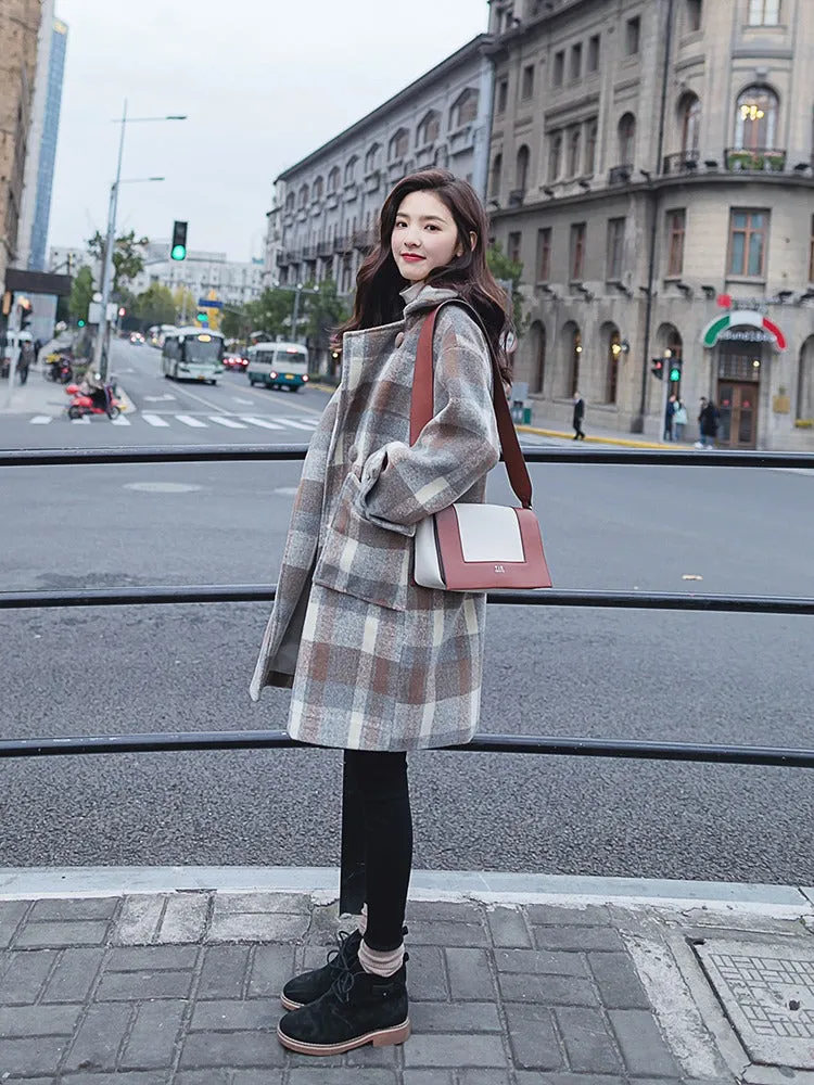 Loose Casual British Plaid Woolen Women's Coat