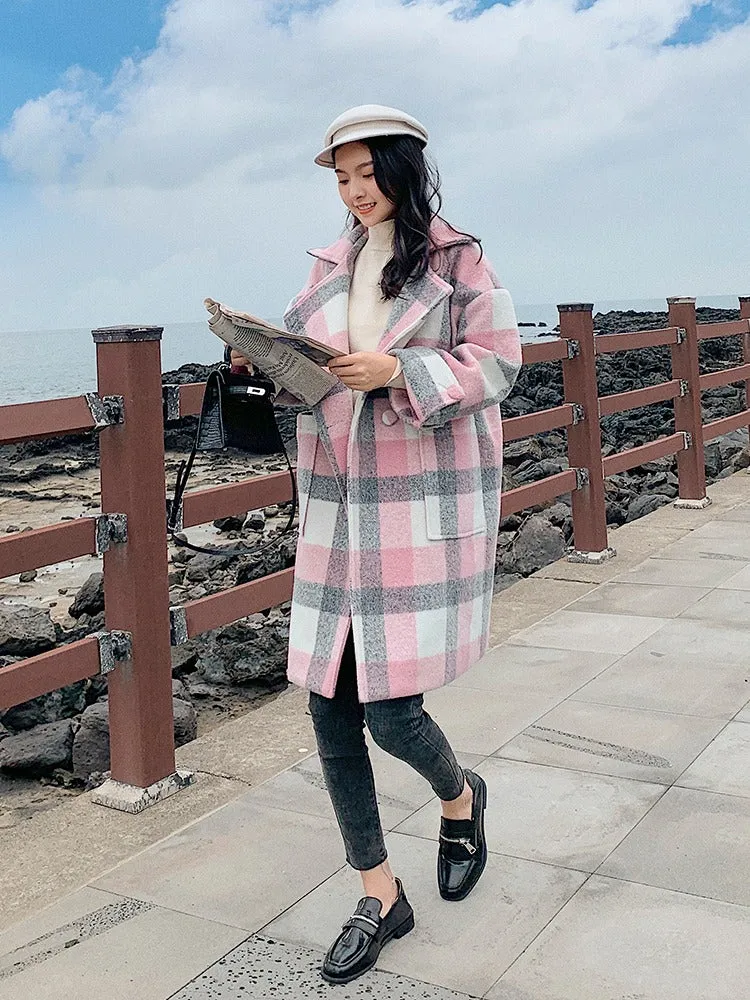 Loose Casual British Plaid Woolen Women's Coat