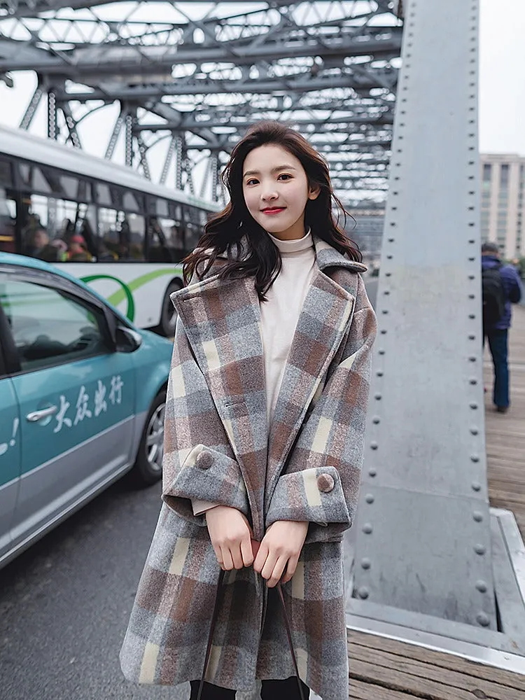 Loose Casual British Plaid Woolen Women's Coat