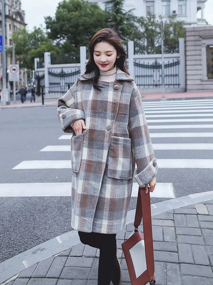 Loose Casual British Plaid Woolen Women's Coat