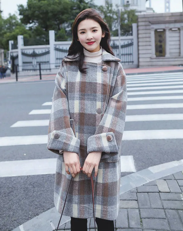 Loose Casual British Plaid Woolen Women's Coat