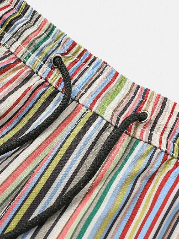 Men Multicolor Striped Pocket Holiday Casual Drawstring Board Shorts