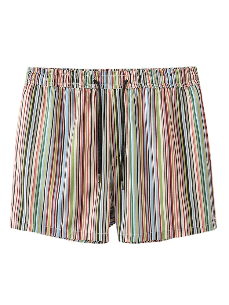 Men Multicolor Striped Pocket Holiday Casual Drawstring Board Shorts