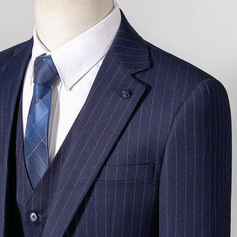 Men Suit - Navy Blue Striped 3-Piece Suit