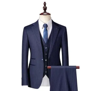 Men Suit - Navy Blue Striped 3-Piece Suit