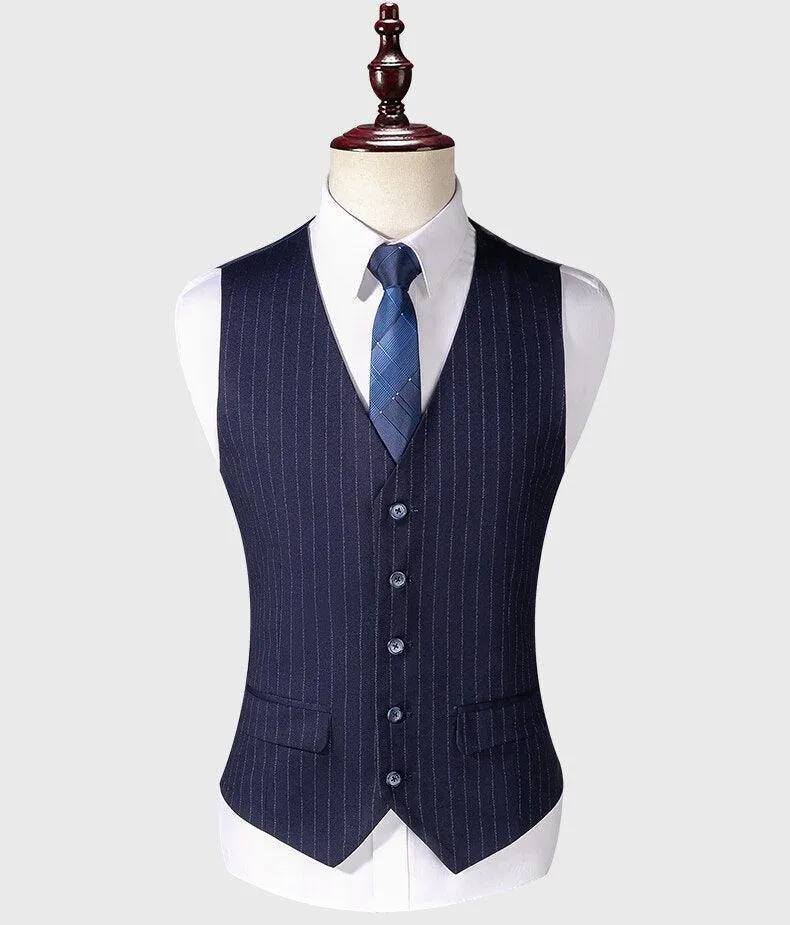 Men Suit - Navy Blue Striped 3-Piece Suit