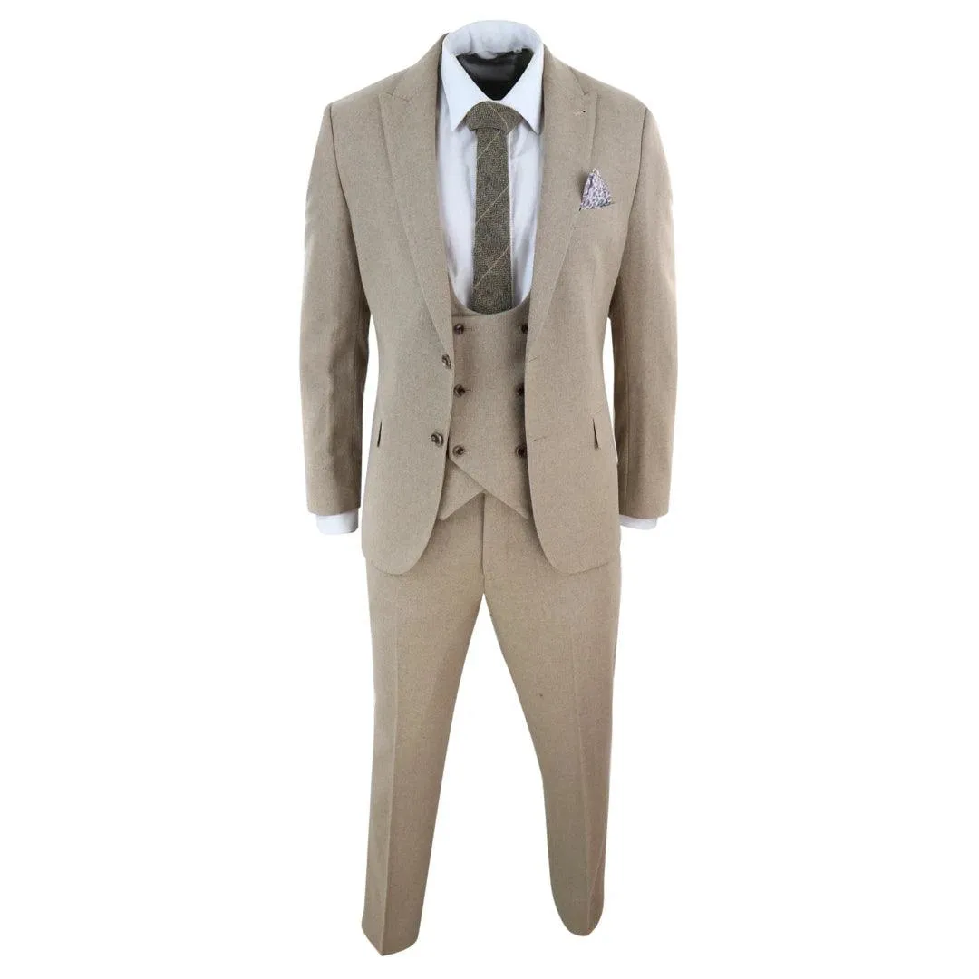 Men Tweed 3 Piece Suit Tan Oak Double Breasted Tailored Fit Wedding