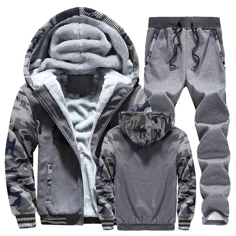 Men Winter Tracksuit Sets Thick Hooded Sweatshirt Coat Pants*