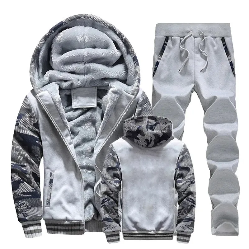 Men Winter Tracksuit Sets Thick Hooded Sweatshirt Coat Pants*