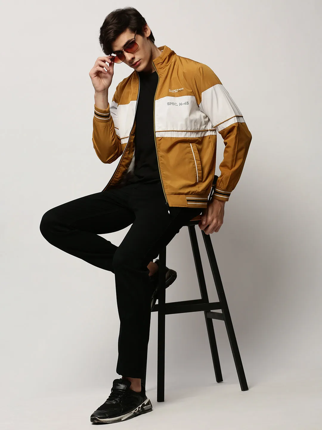 Men Yellow Colourblock Casual Bomber Jackets