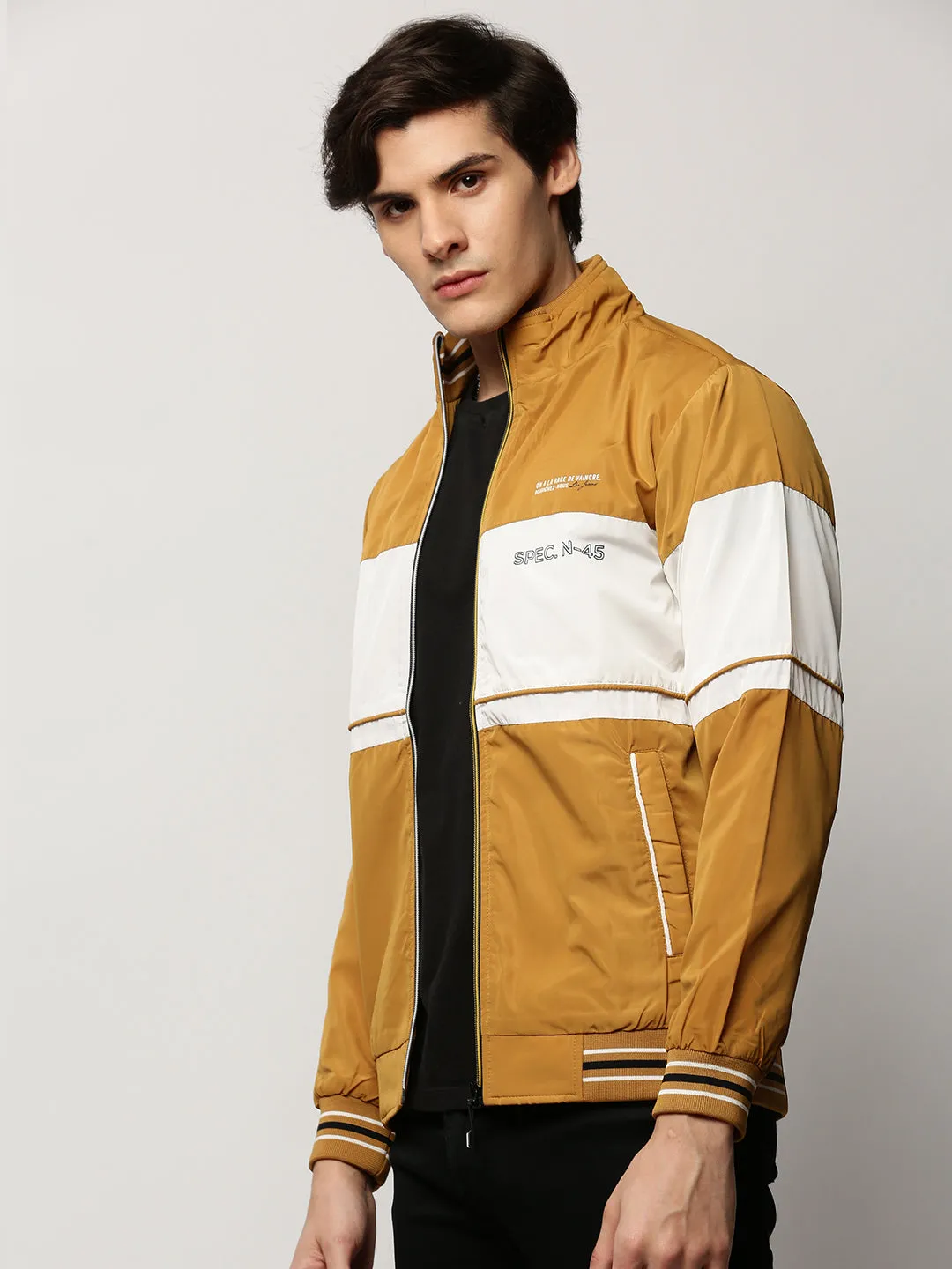 Men Yellow Colourblock Casual Bomber Jackets