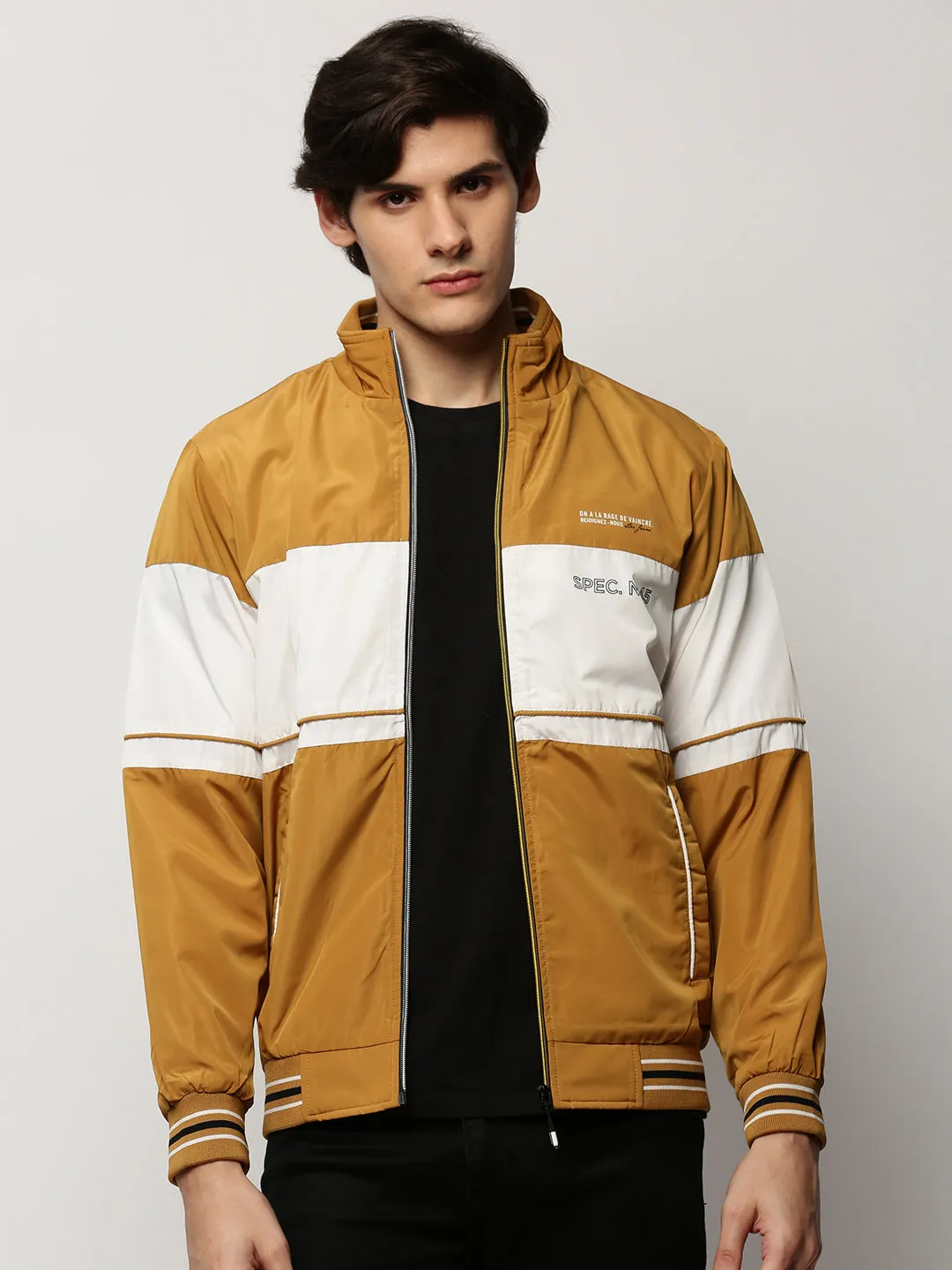 Men Yellow Colourblock Casual Bomber Jackets