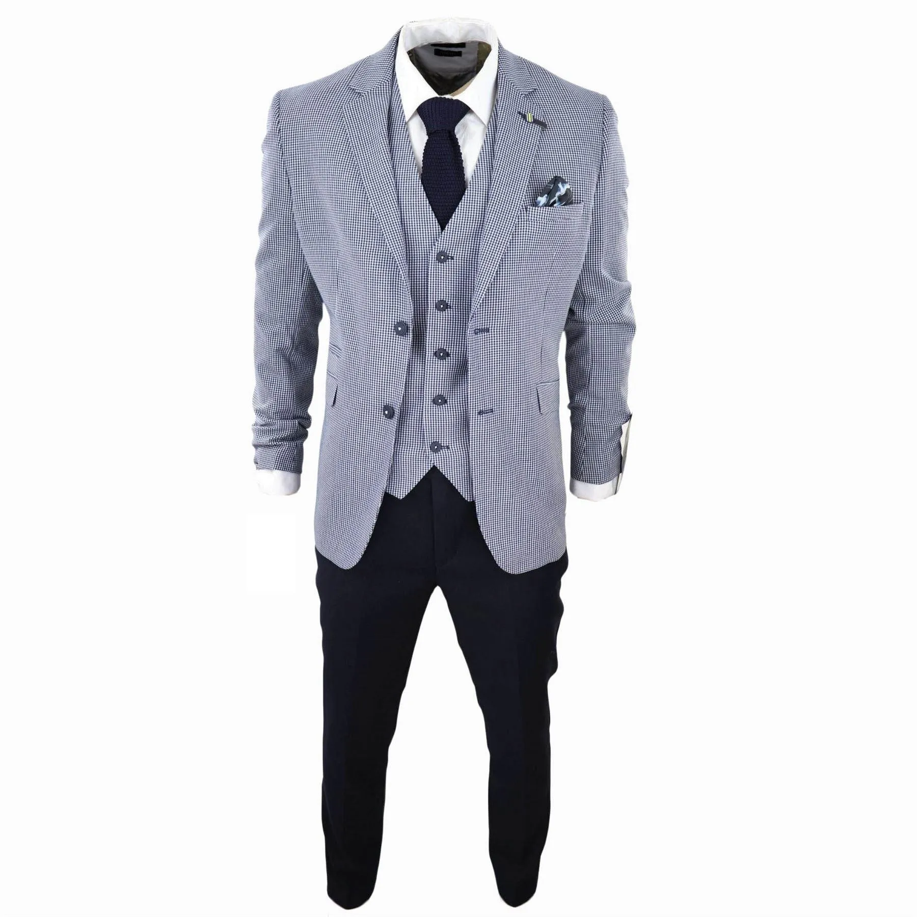 Mens 3 Piece Suit Grey Navy Contrasting Classic Summer Tailored Fit Regular Check