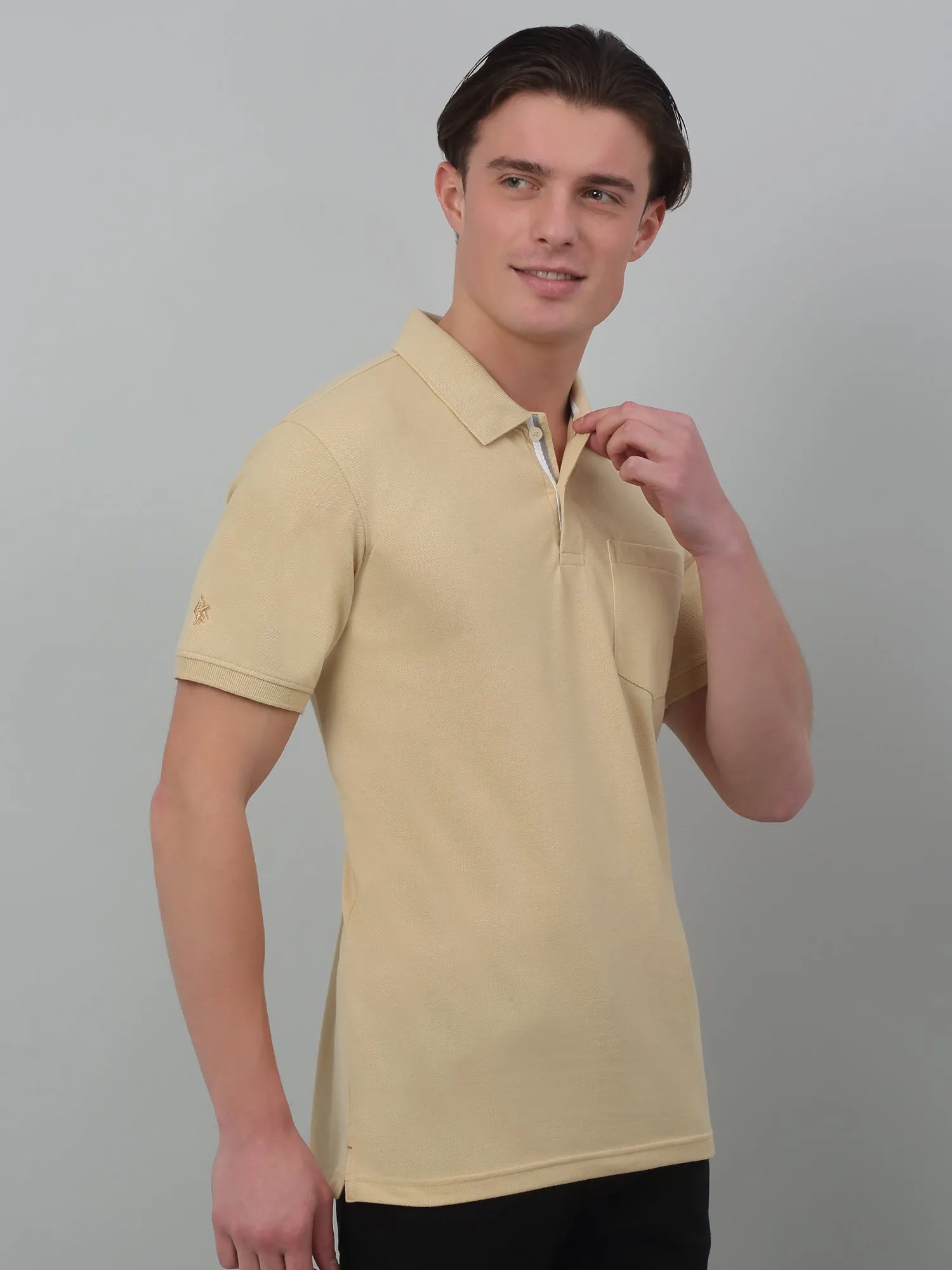 Men's Beige  Polo neck Half Sleeve T-Shirt with chest pocket