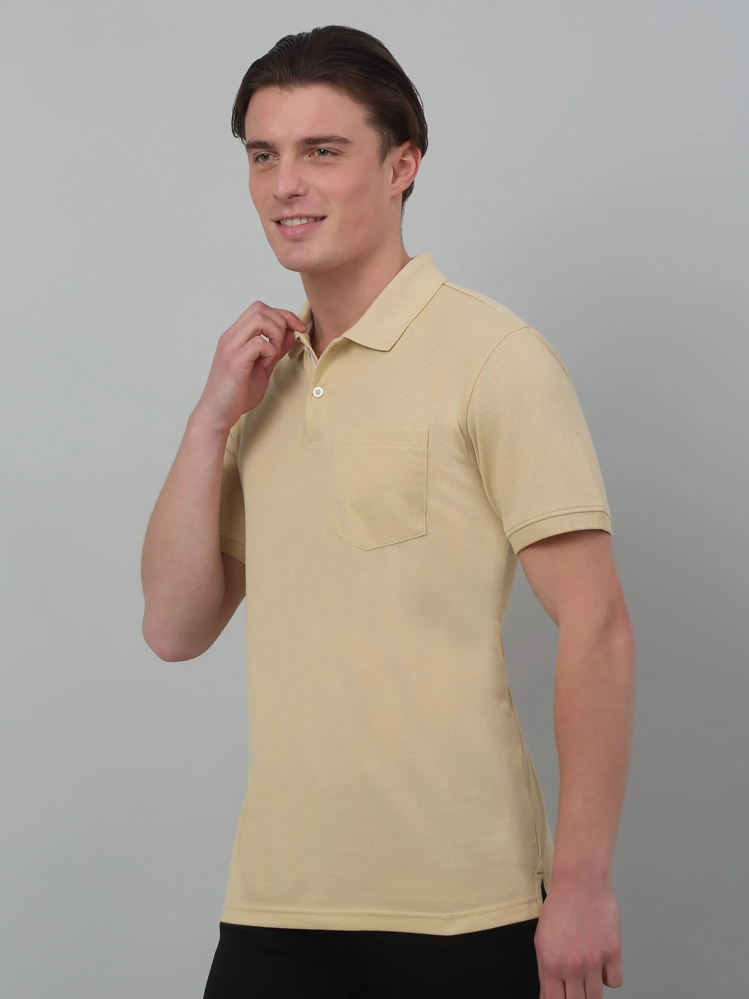 Men's Beige  Polo neck Half Sleeve T-Shirt with chest pocket