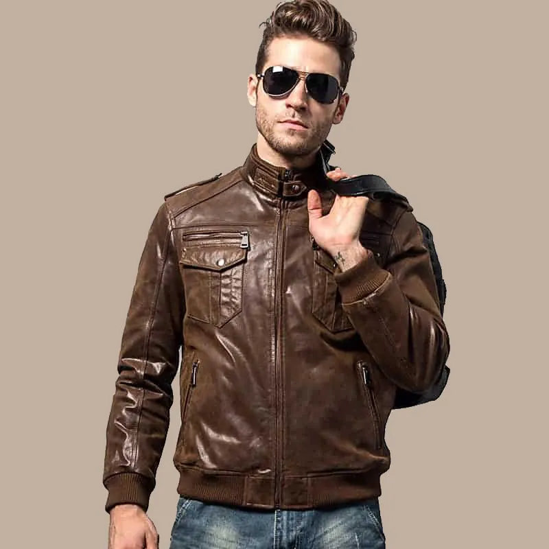 Men’s Brown Bomber Leather Jacket with Rib Collar