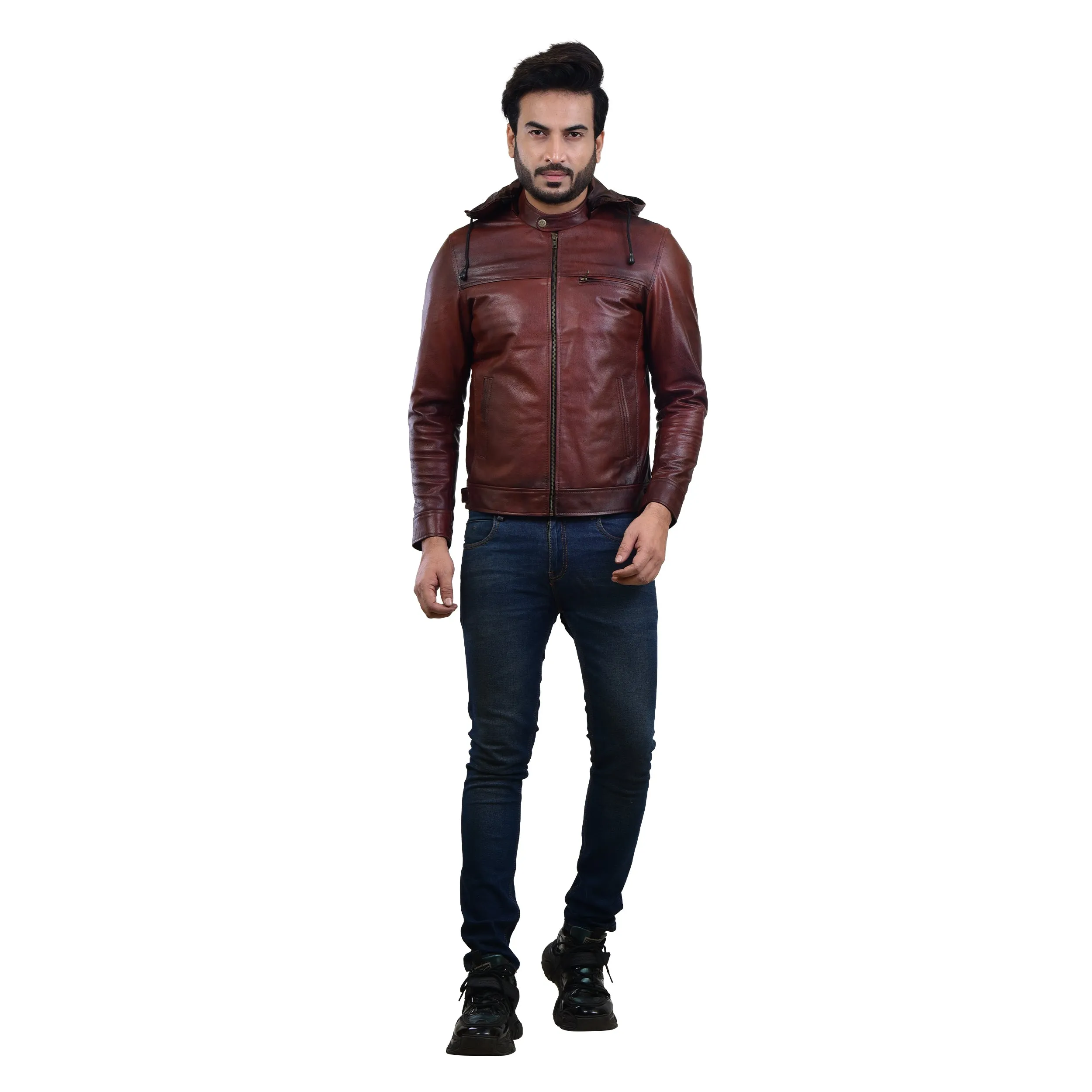 MENS LEATHER HOODED JACKET 410139(2 TONE)