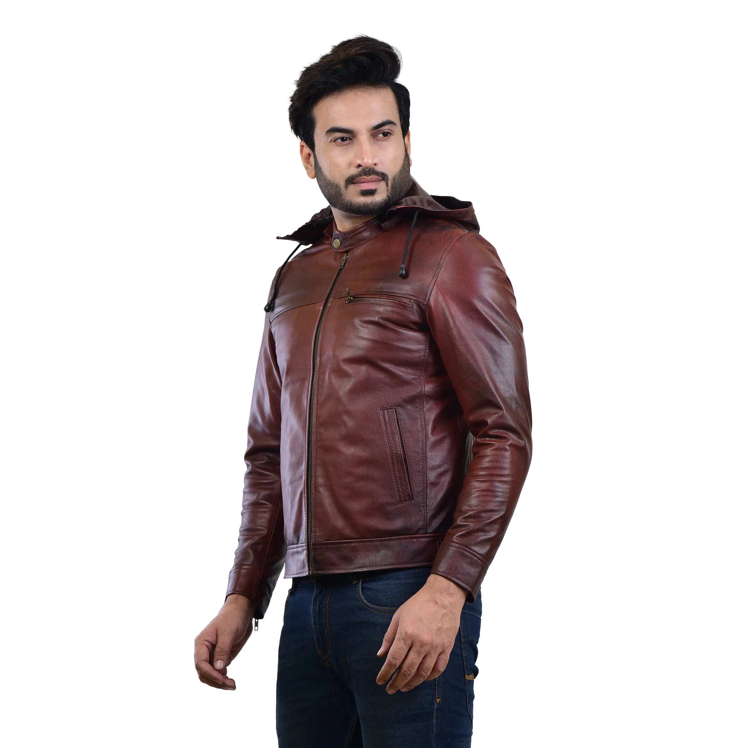 MENS LEATHER HOODED JACKET 410139(2 TONE)