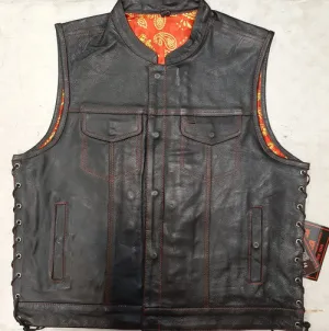 Men's Leather Vest - Red/Gold Paisley Lining Side Lace