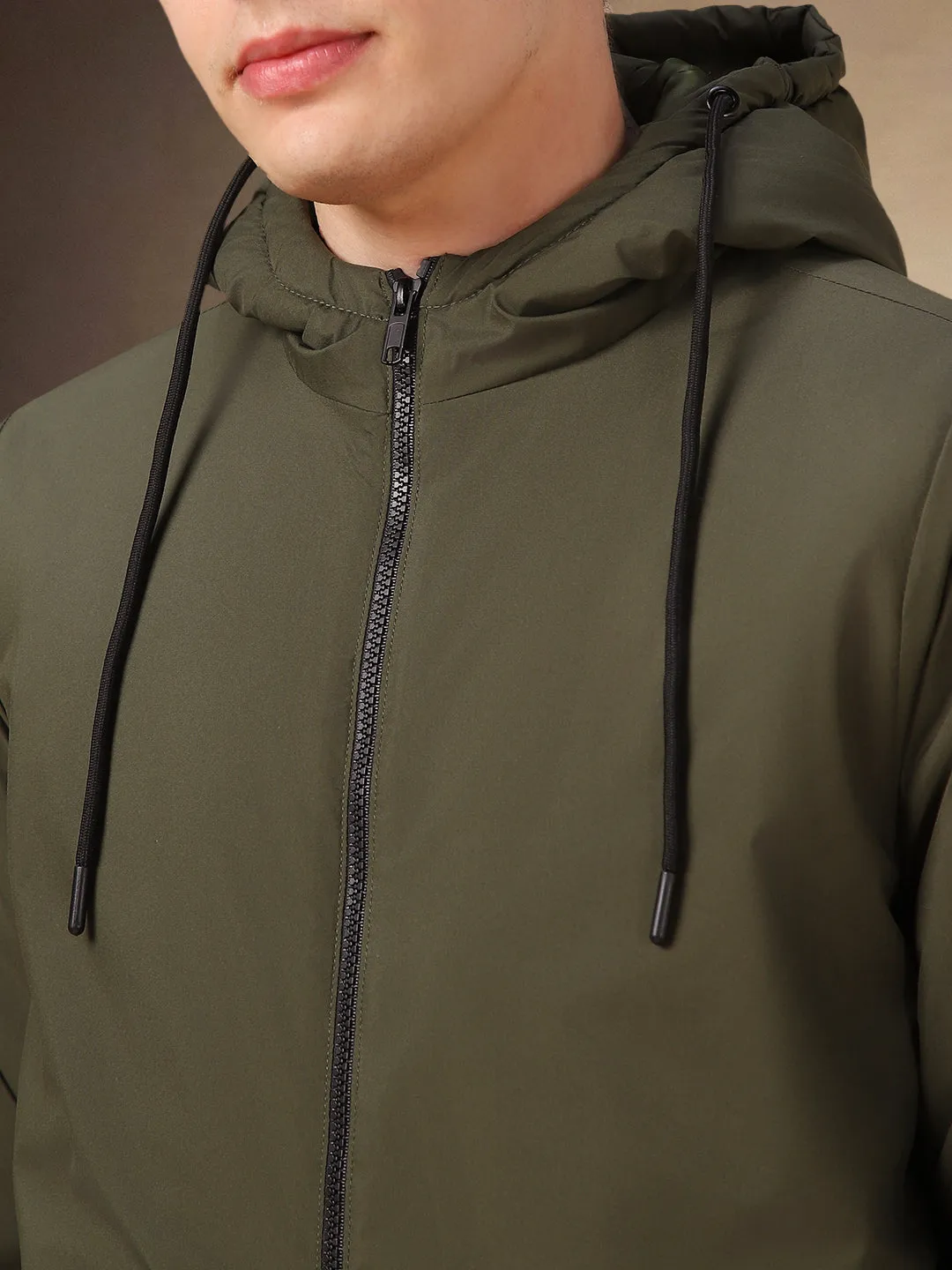 Men's Olive Solid Hooded Full Sleeves Jacket