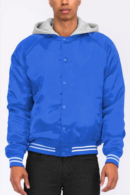 Men's Satin Crystal Blue Varsity Bomber Jacket w/Hood