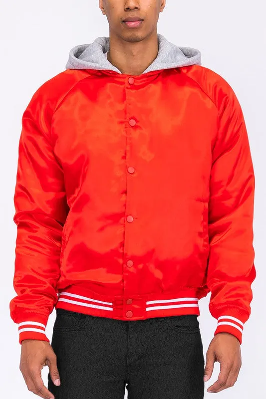 Men's Satin Rose Varsity Bomber Jacket w/Hood