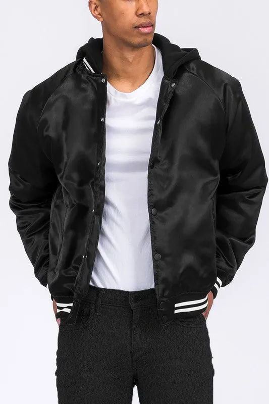 Men's Satin Rose Varsity Bomber Jacket w/Hood