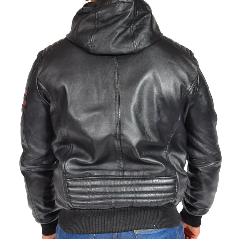 Men's Trendy Black Lambskin Leather Hoody Bomber Jacket