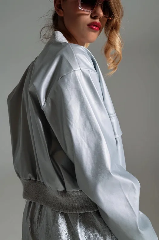 Metallic Bomber Jacket with Front Pockets in Silver