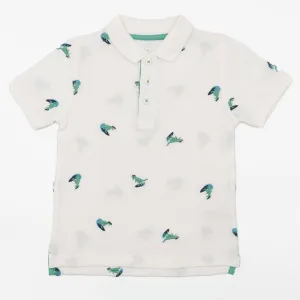 Mini Boden Boys White Dinosaur Embroidery Short Sleeve Polo Shirts