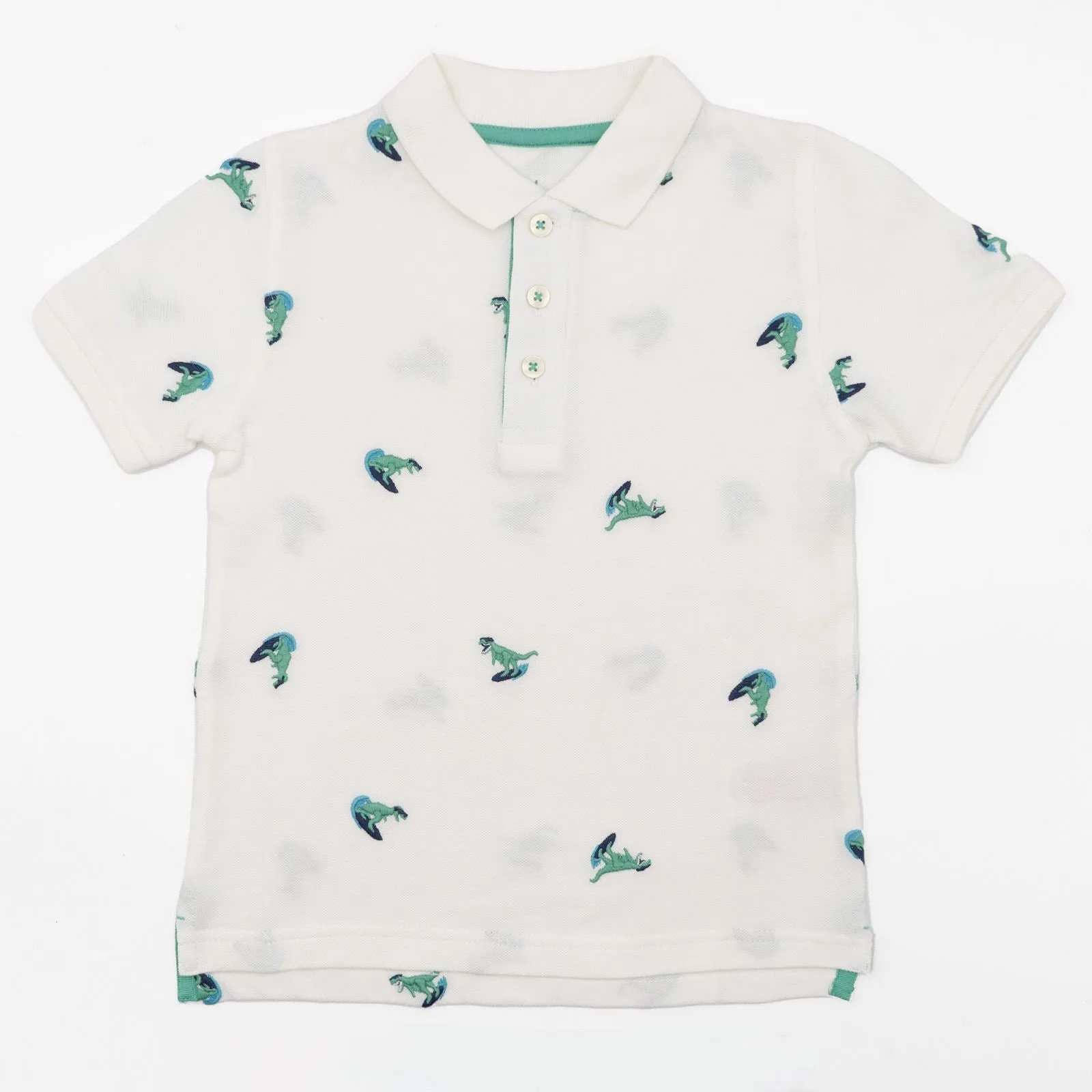 Mini Boden Boys White Dinosaur Embroidery Short Sleeve Polo Shirts