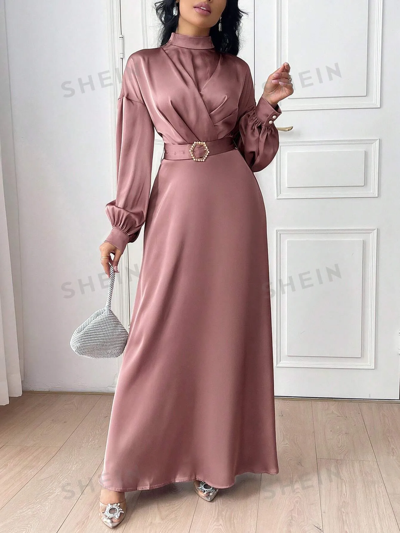 Modely Women Elegant Solid Color Lantern Sleeve Buckle Waist Dress,Elegant Evening Party Maxi Dress