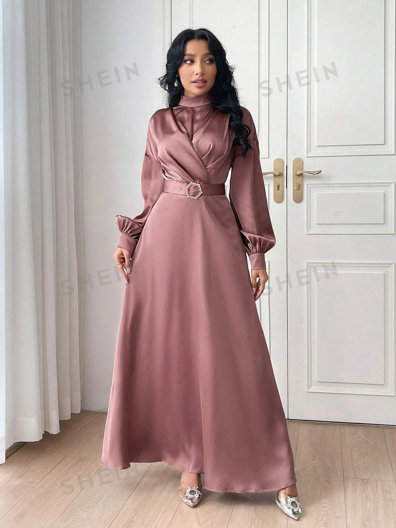 Modely Women Elegant Solid Color Lantern Sleeve Buckle Waist Dress,Elegant Evening Party Maxi Dress