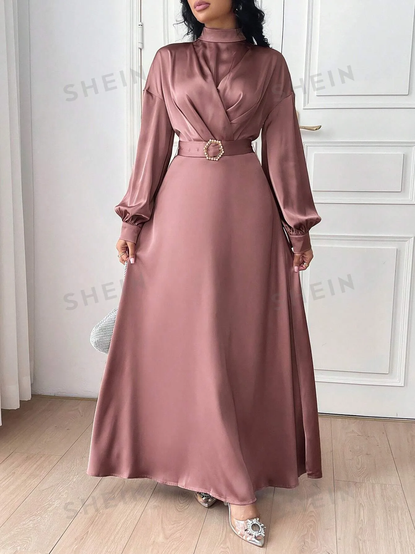 Modely Women Elegant Solid Color Lantern Sleeve Buckle Waist Dress,Elegant Evening Party Maxi Dress