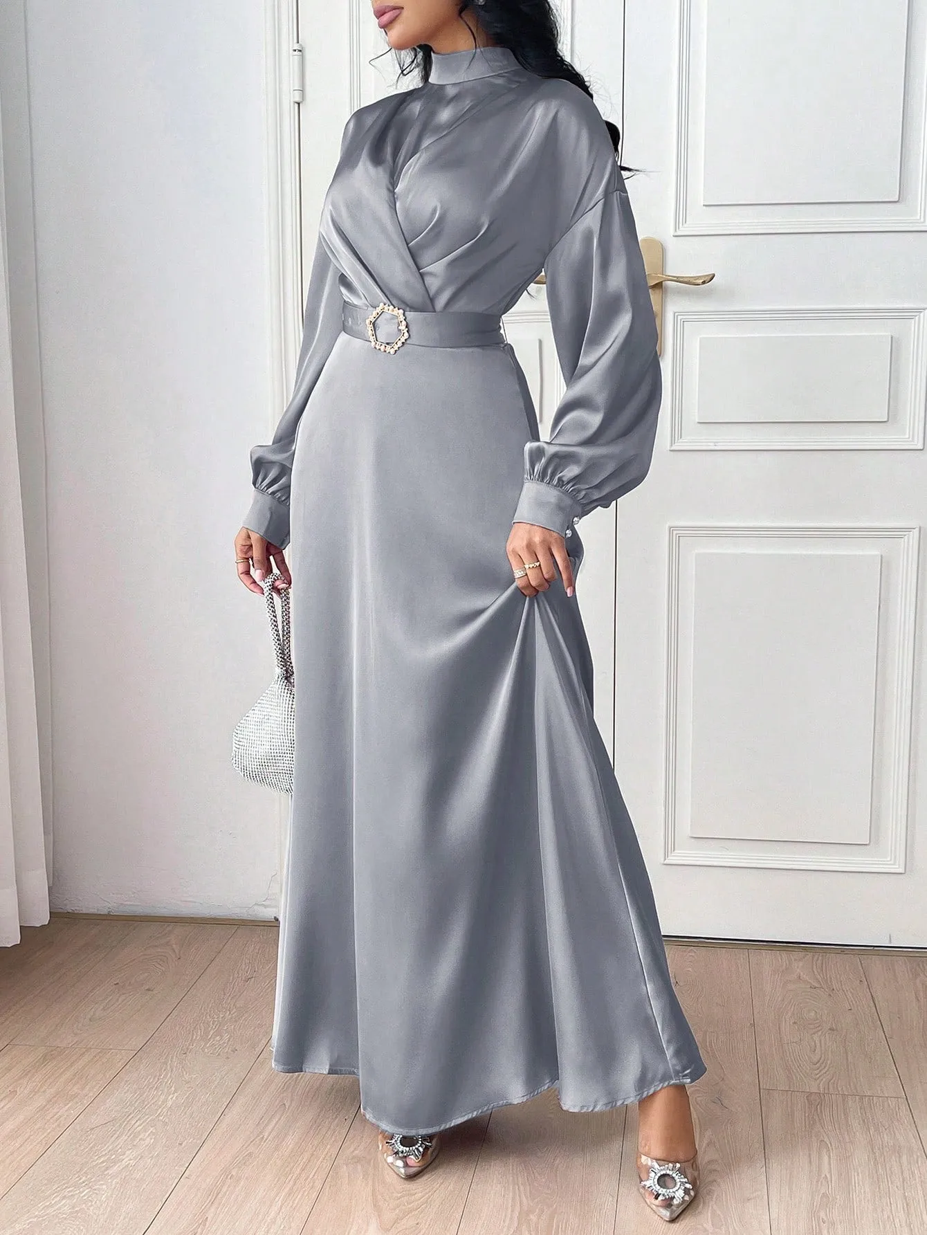 Modely Women Elegant Solid Color Lantern Sleeve Buckle Waist Dress,Elegant Evening Party Maxi Dress