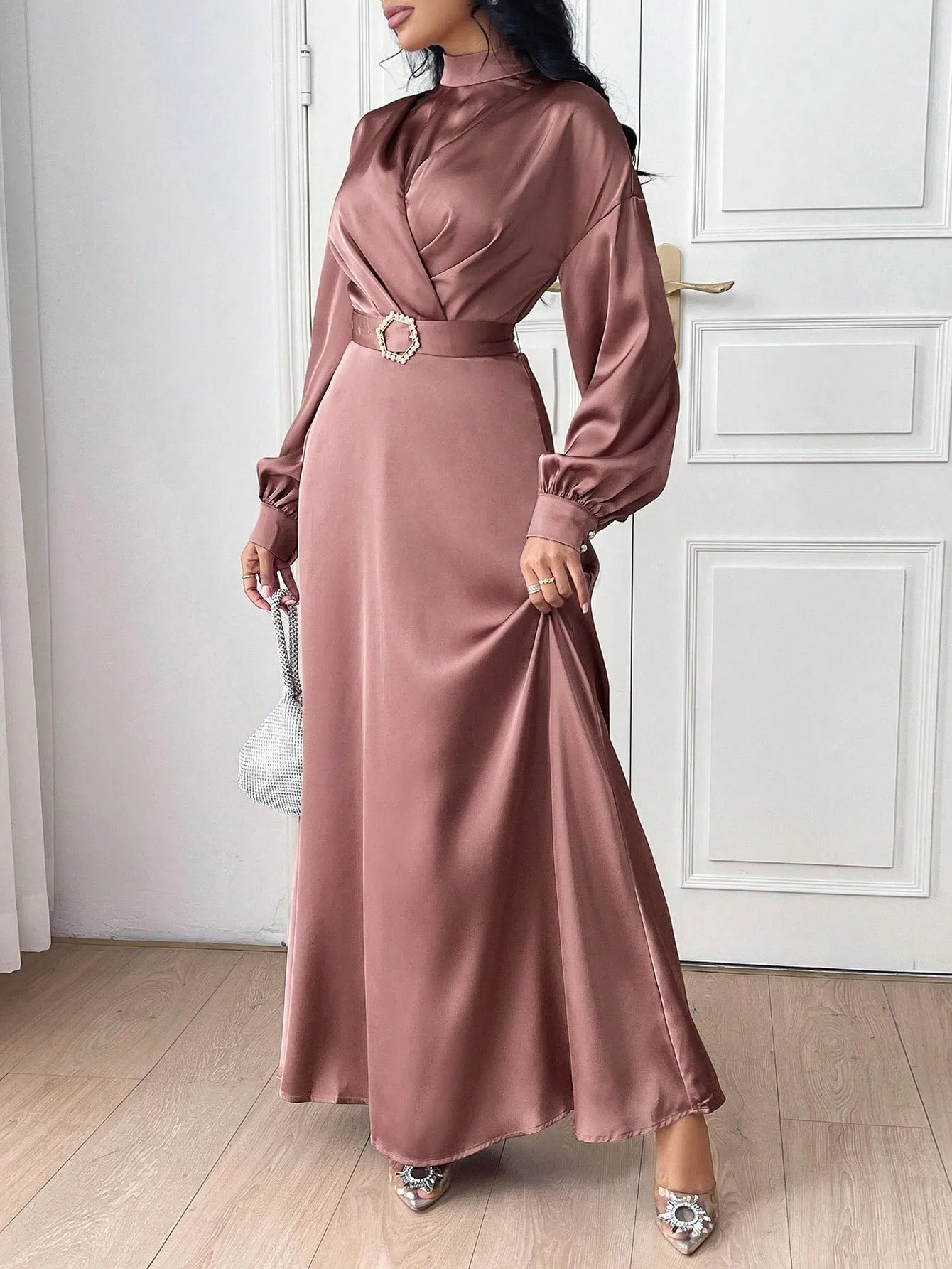 Modely Women Elegant Solid Color Lantern Sleeve Buckle Waist Dress,Elegant Evening Party Maxi Dress