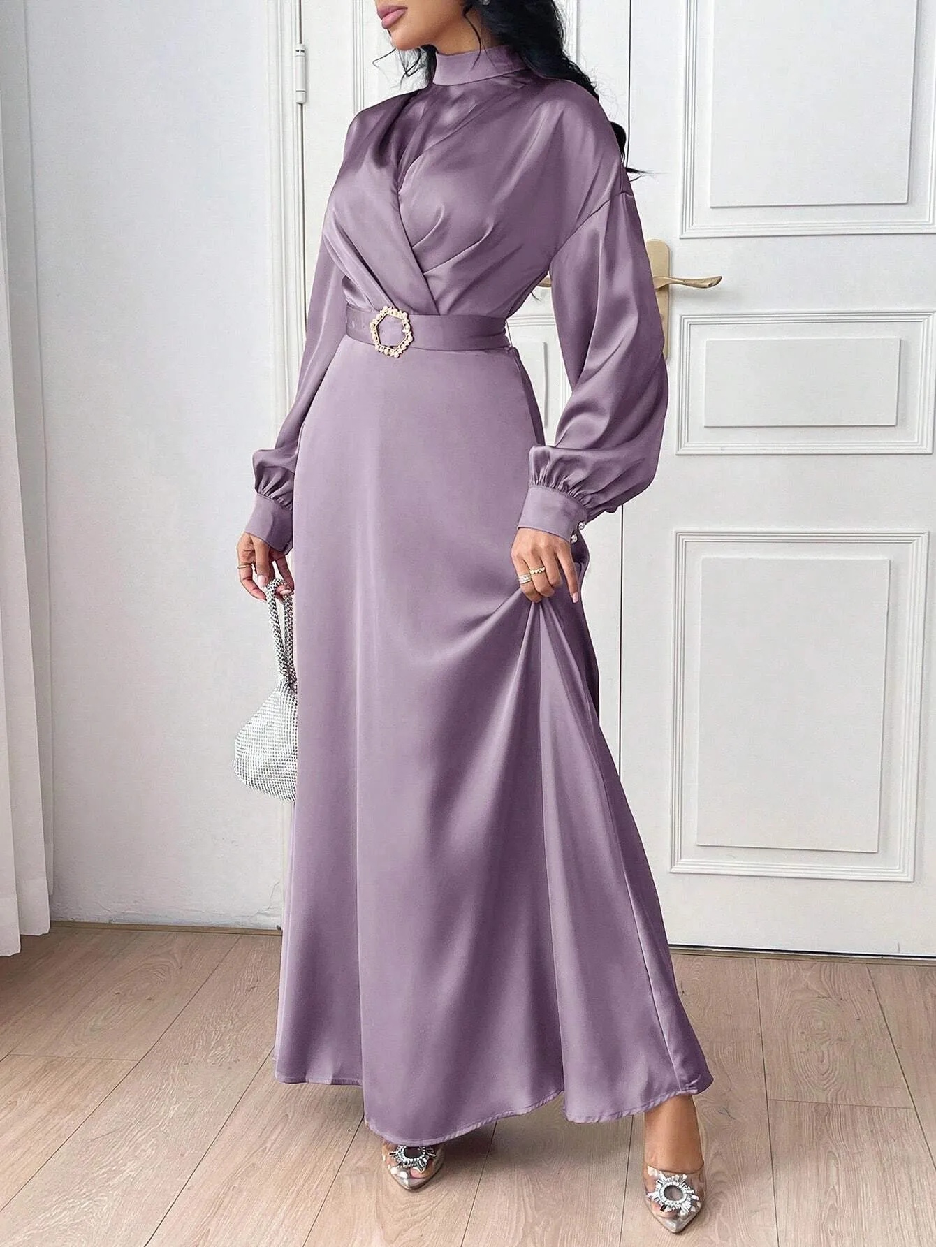 Modely Women Elegant Solid Color Lantern Sleeve Buckle Waist Dress,Elegant Evening Party Maxi Dress