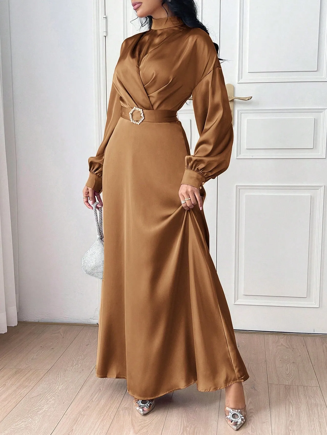 Modely Women Elegant Solid Color Lantern Sleeve Buckle Waist Dress,Elegant Evening Party Maxi Dress