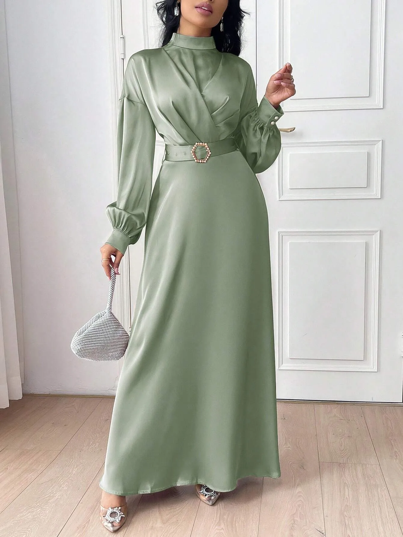 Modely Women Elegant Solid Color Lantern Sleeve Buckle Waist Dress,Elegant Evening Party Maxi Dress