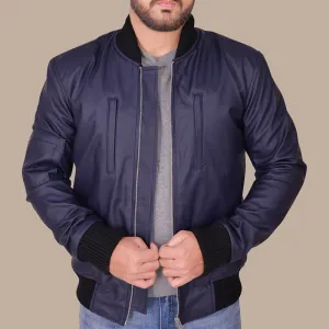 Navy Blue Varsity Leather Bomber Jacket for Men